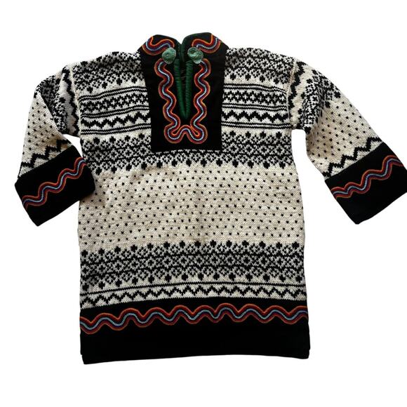 Hand-Knit Vintage Norwegian Lusekofte Wool JumperBlack White Nordic FairIsle